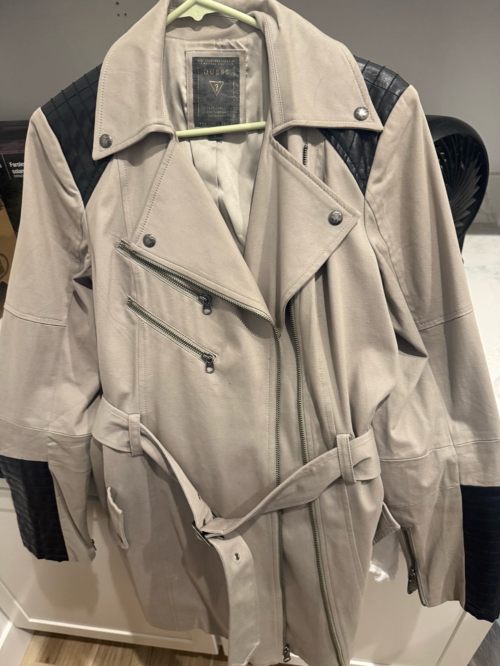 GUESS Beige Trench Coat with Black Quilted Shoulders